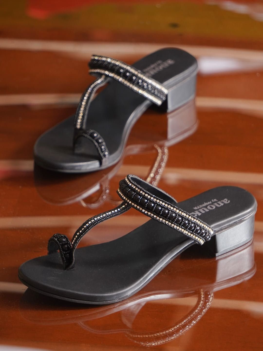 Black And Gold-Toned Embellished One Toe Block Heels