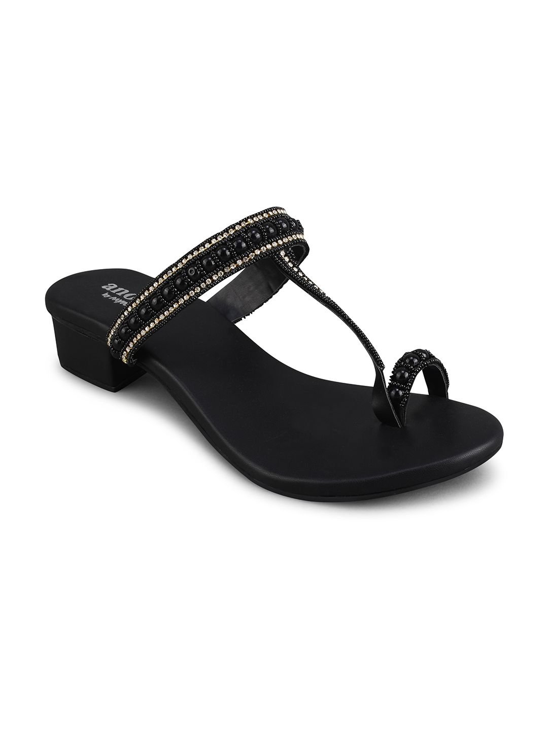 Black And Gold-Toned Embellished One Toe Block Heels - Image 2