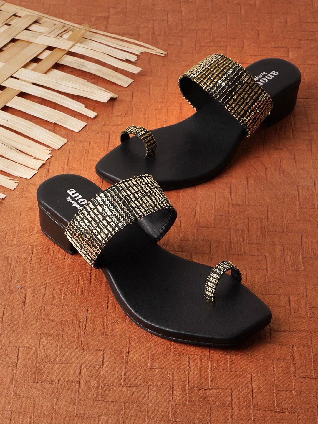 Black And Gold-Toned Embellished One Toe Block Heels
