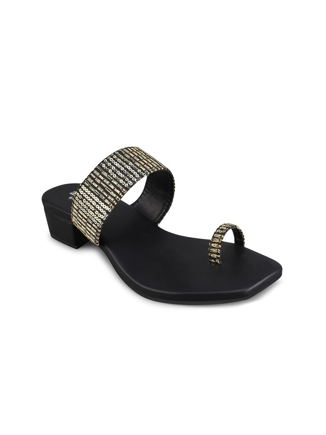 Black And Gold-Toned Embellished One Toe Block Heels - Image 2