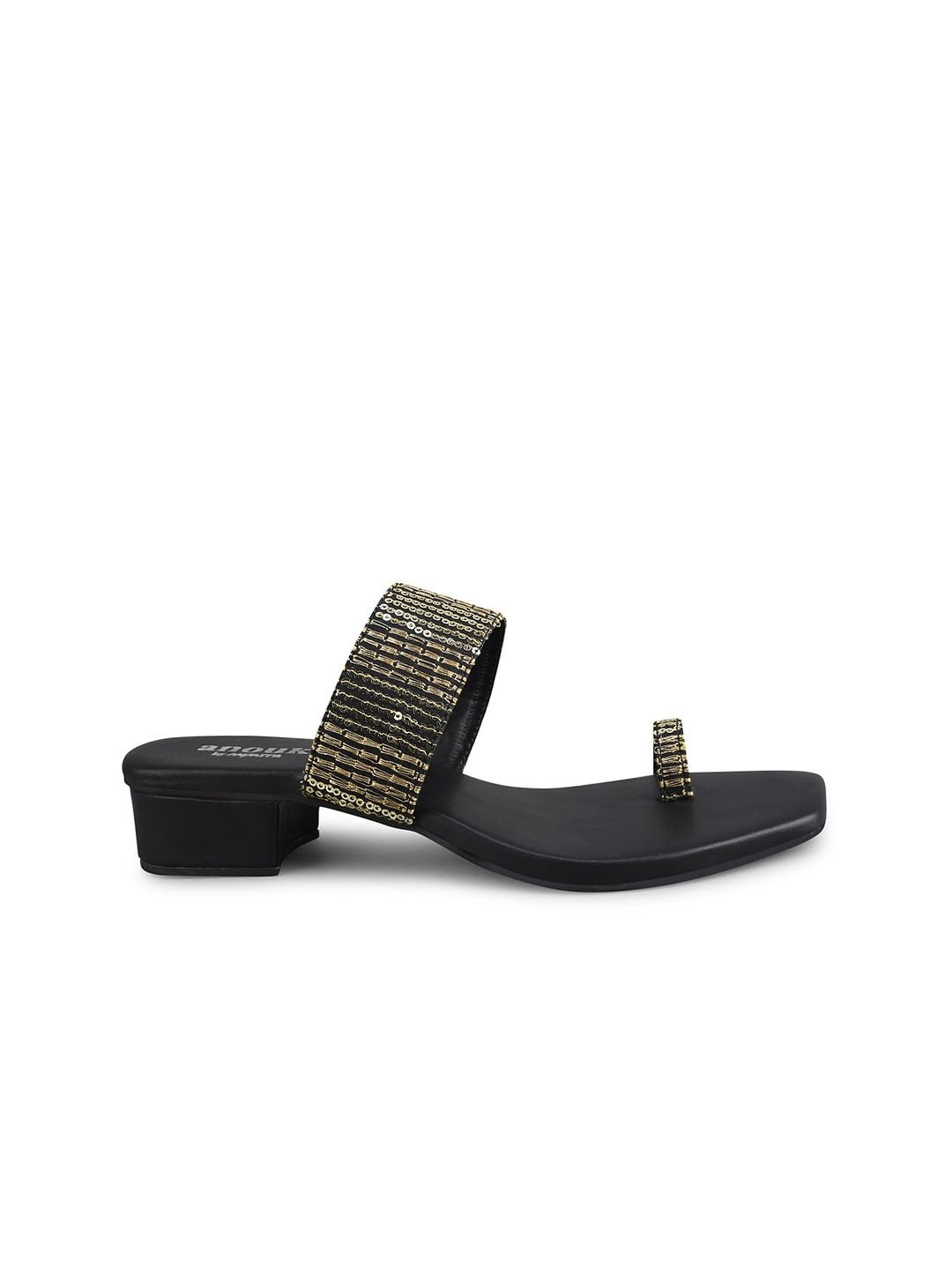 Black And Gold-Toned Embellished One Toe Block Heels - Image 4