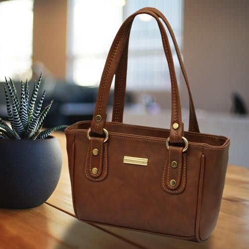 WORLD STAR Women's Small PU Leather Tote Handbag | Top Handle Shoulder Bag for Women | Stylish Mini Office Purse for Daily Use, Shopping & Travel | Brown - Image 3