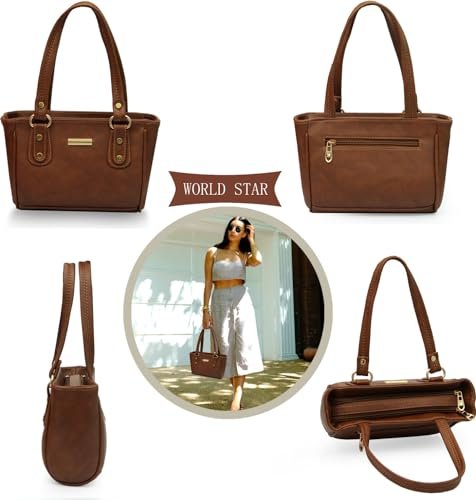 WORLD STAR Women's Small PU Leather Tote Handbag | Top Handle Shoulder Bag for Women | Stylish Mini Office Purse for Daily Use, Shopping & Travel | Brown - Image 4