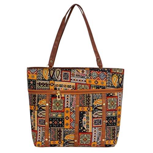 Storite Women's Tote Bag with Leather Handles & Embroidery Printed Handbag with Zip Pockets, Shoulder Tote Bag and Handbag for Office and College