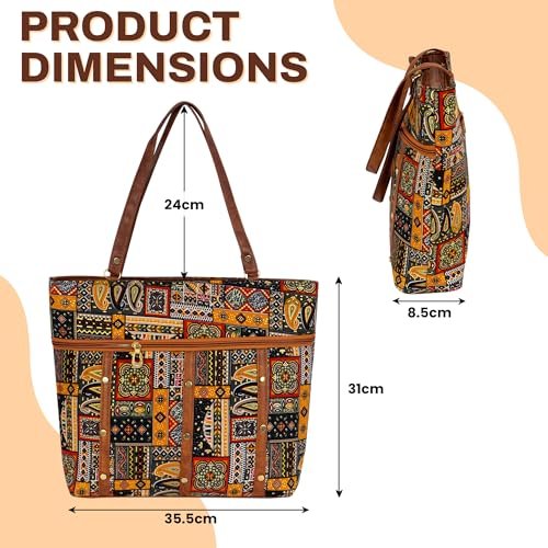 Storite Women's Tote Bag with Leather Handles & Embroidery Printed Handbag with Zip Pockets, Shoulder Tote Bag and Handbag for Office and College - Image 2