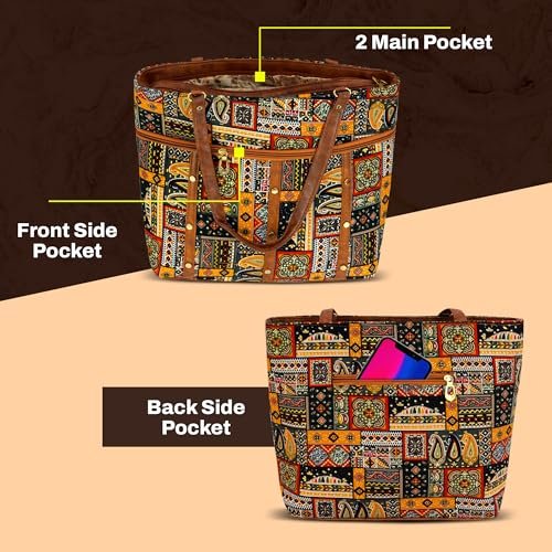 Storite Women's Tote Bag with Leather Handles & Embroidery Printed Handbag with Zip Pockets, Shoulder Tote Bag and Handbag for Office and College - Image 3