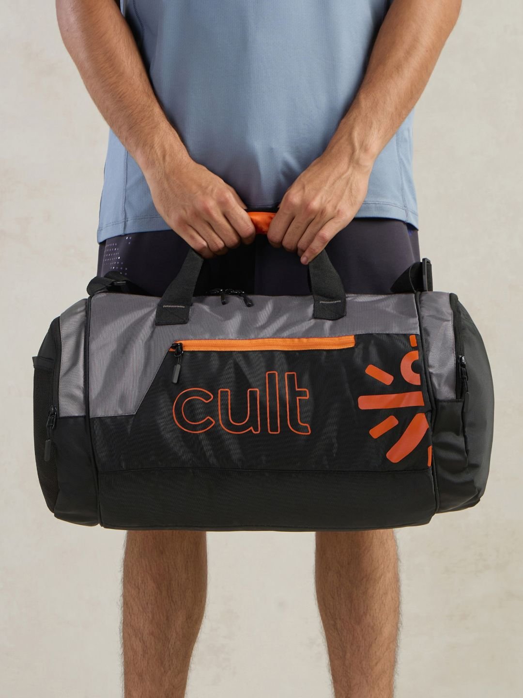 CULT Grey & Orange Printed Duffel Bag With Shoe Compartment
