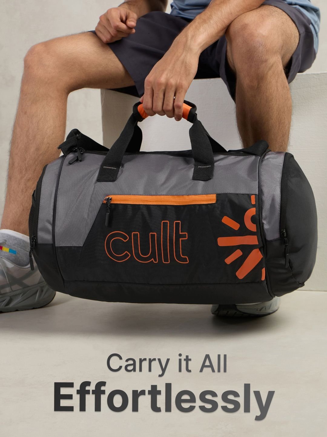 CULT Grey & Orange Printed Duffel Bag With Shoe Compartment - Image 2