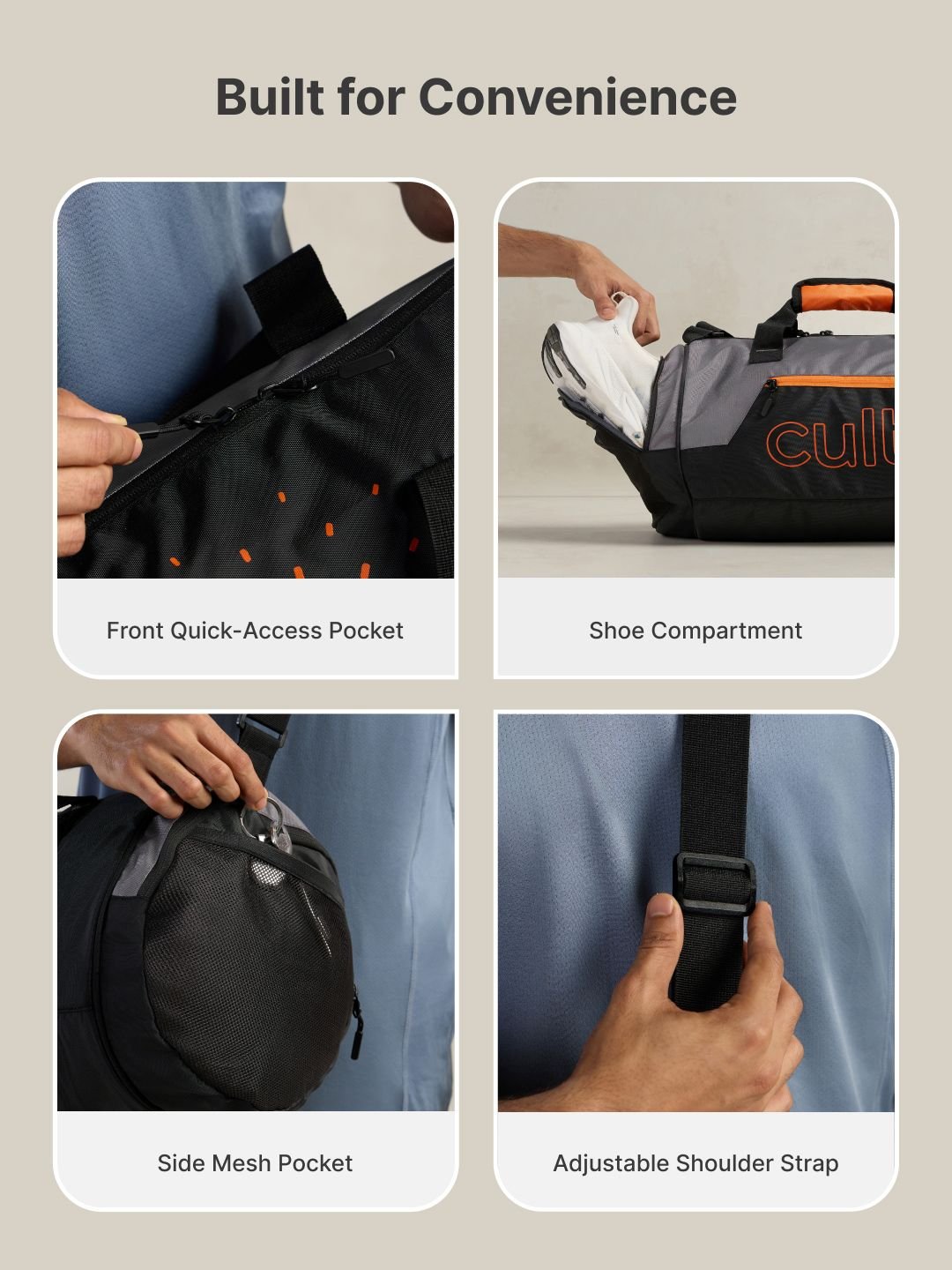 CULT Grey & Orange Printed Duffel Bag With Shoe Compartment - Image 4