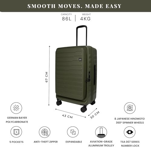 F Gear Sedona Medium 65cm German Polycarbonate Hard Luggage|8 Japanese Hinomoto Silent Wheels |Expandable Check-in Front Opening Suitcase for Travel| Anti-Theft Zipper, TSA 007 Lock (Army Green) - Image 2