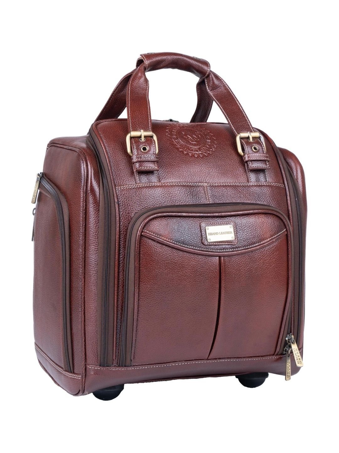 BRAND LEATHER Genuine Leather Underseat Carry-On Rolling Travel Luggage Trolley Bag