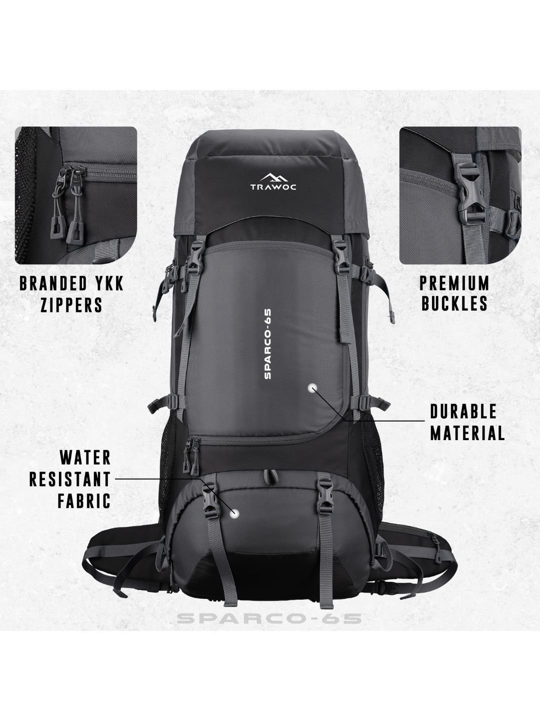 TRAWOC SPARCO Men Brand Logo Printed Waterproof Large Hiking Travel Rucksack - Image 2