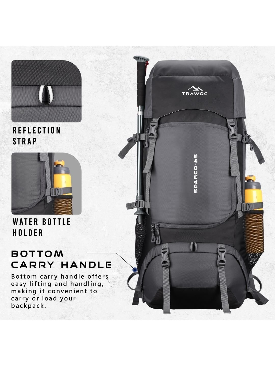 TRAWOC SPARCO Men Brand Logo Printed Waterproof Large Hiking Travel Rucksack - Image 3