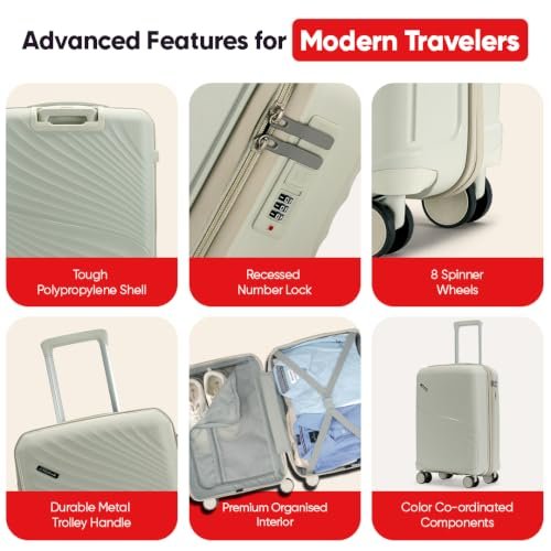 Meridian Set of 3 Trolley Bags Cabin + Medium + Large Polypropylene Hard Suitcase, 8 Spinner Wheels, 2-Pocket Convipack, Recessed Number Lock Ghost Grey/Limestone Grey - Image 4