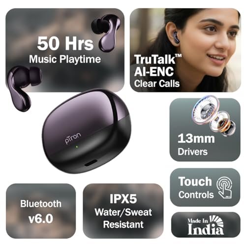 pTron Bassbuds Tango in-Ear TWS Ear Buds w/Custom EQ, 50hrs Playtime, Pristine Sound, Dual Mic, TruTalk ENC Calls, Mobile App,Wireless Bluetooth V6.0,Touch Controls,Type-C Charging, IPX5 (Nexua Black) - Image 2
