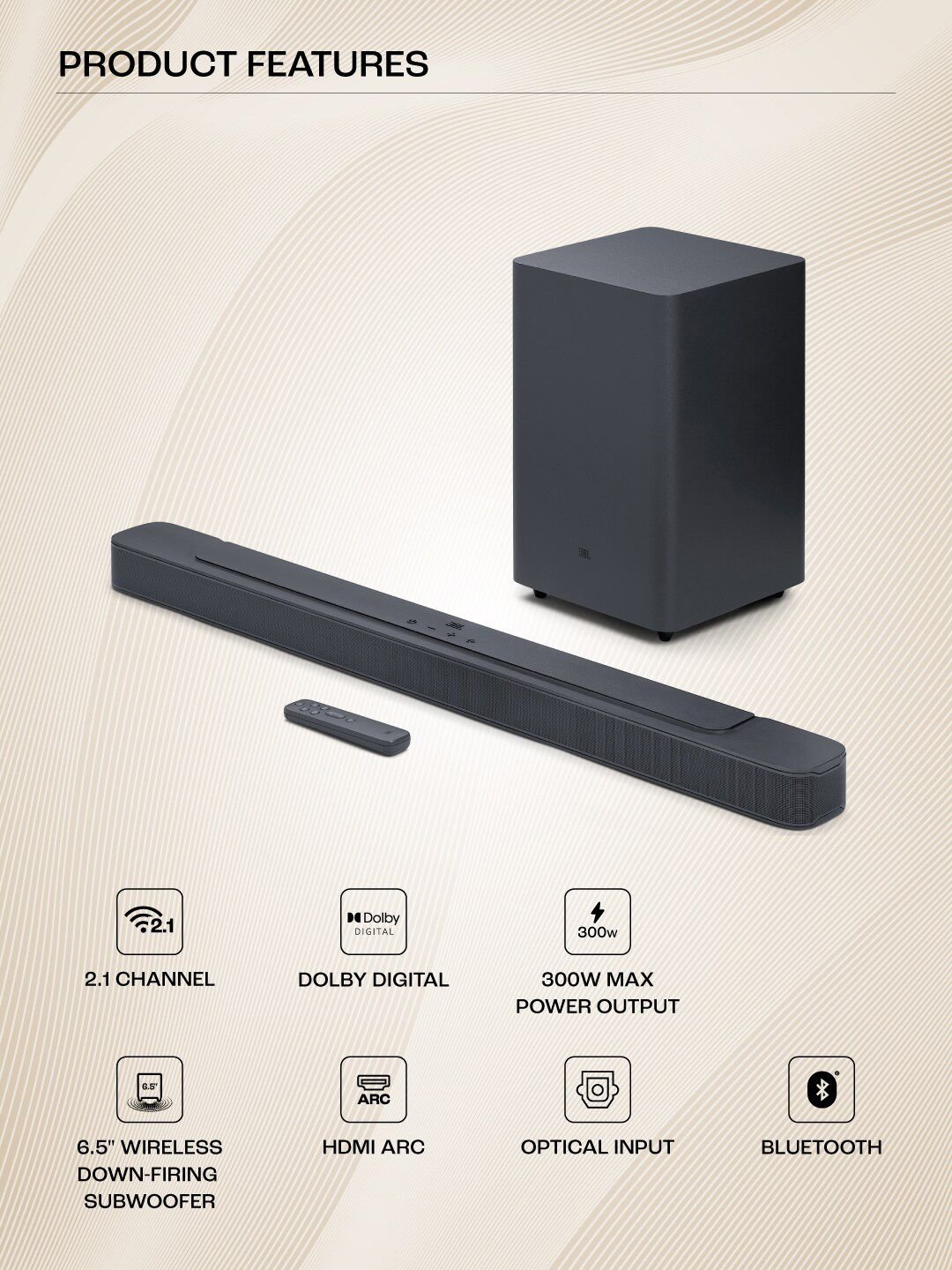 JBL Bar 2.1 Deep Bass (MK2) Dolby Digital Wireless 6.5" Subwoofer HDMI 300 W BT Soundbar - Image 3