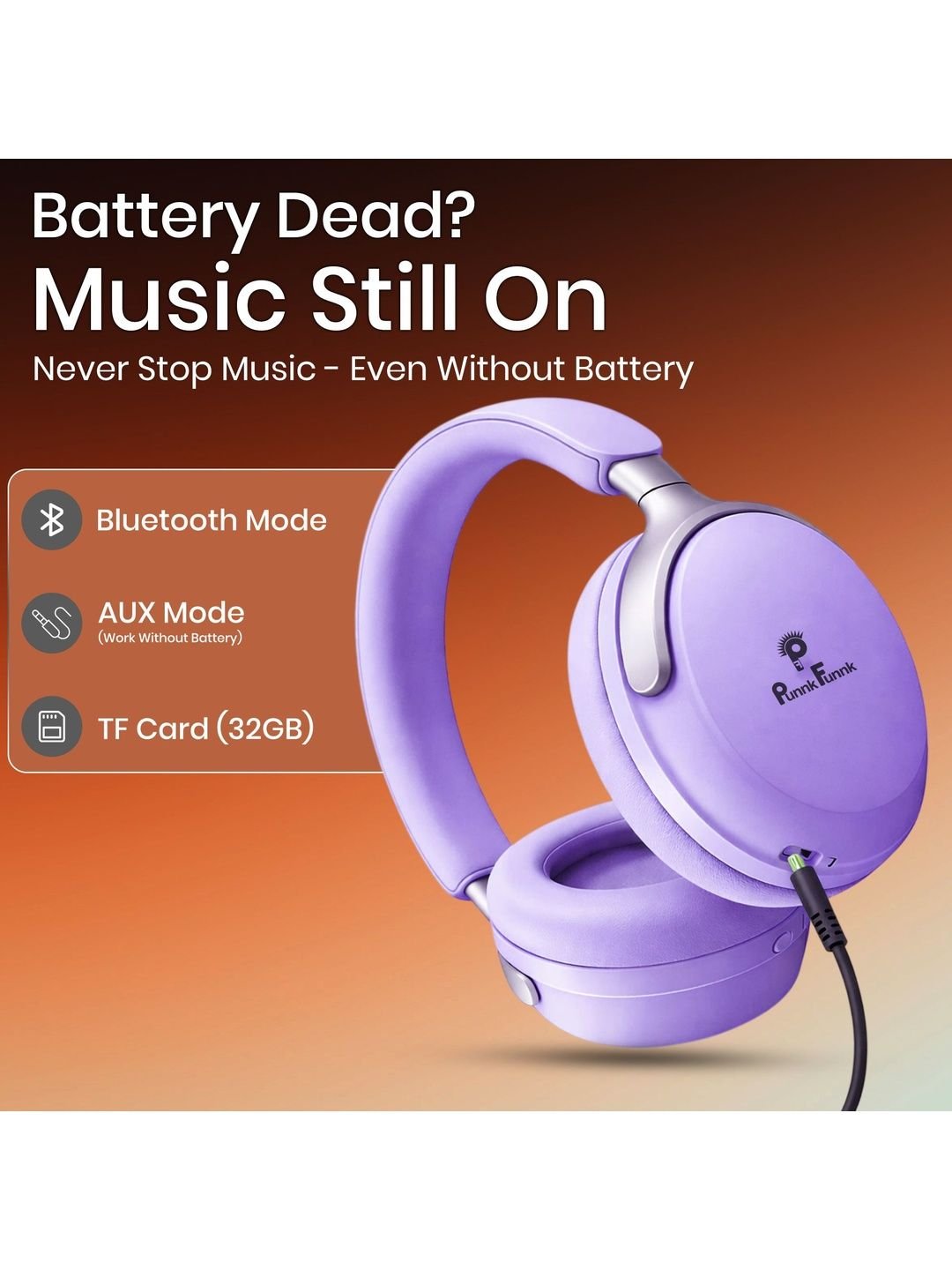 PunnkFunnk Bass Over-Ear Bluetooth Wireless Headphones - Image 2
