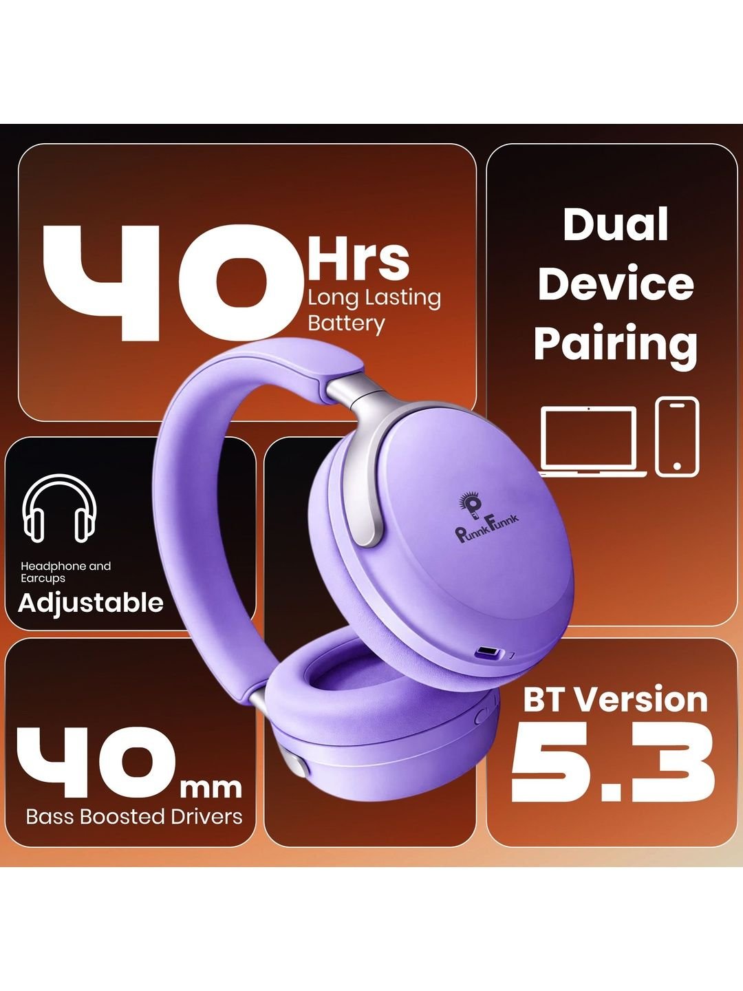 PunnkFunnk Bass Over-Ear Bluetooth Wireless Headphones - Image 4