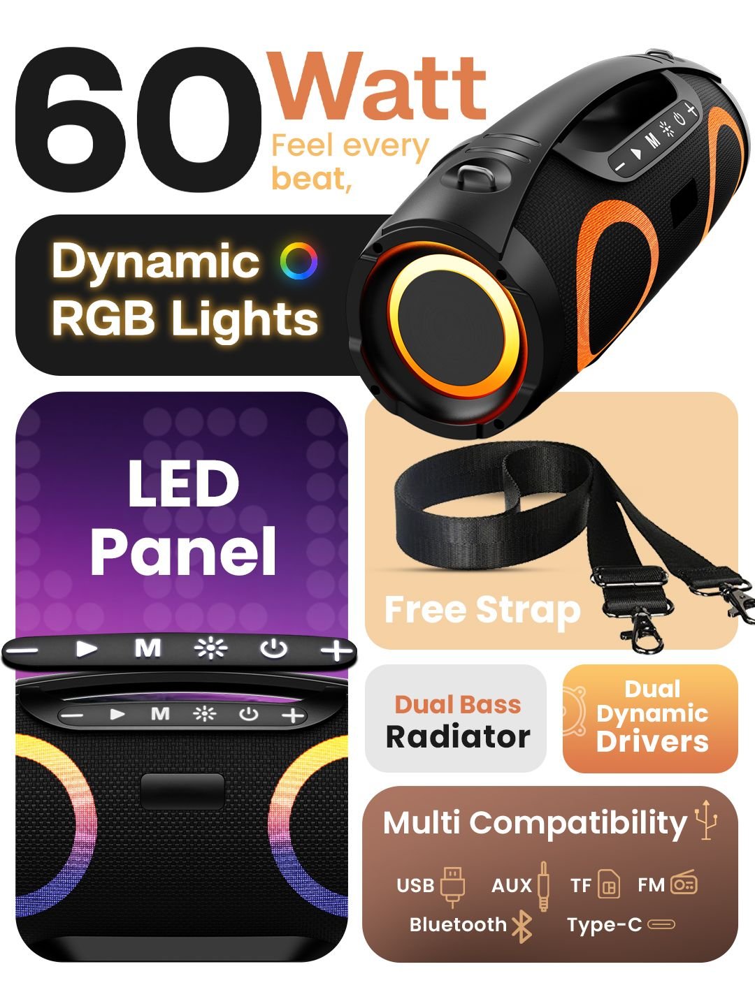 GOBOULT GOBOULT Bassbox Q60 Upto 14H Battery, 60W Bass Output, RGB LED Light, Dual Drivers, 5.4v 60 W Bluetooth Speaker - Image 2