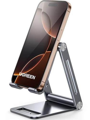 UGREEN Cell Phone Stand Adjustable, Aluminum Holder for Desk, Foldable,Grey | Compatible with iPhone 17 Pro Max, Galaxy S25 Ultra, and More Devices up to 7.9''