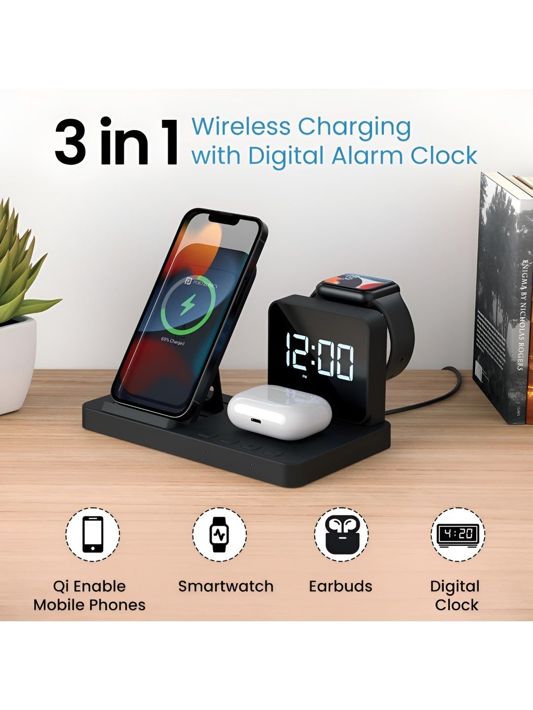 Portronics Bella 15W Wireless Charger with Alarm Clock Phone Earbud Charging QI Enable - Image 2