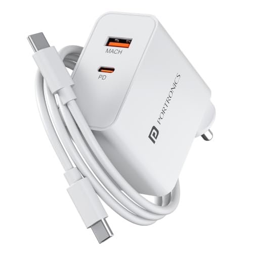Portronics 45W Adapto 45B Dual Port Fast Charging Adaptor with Type C PD Port & USB-A Port, 1M Type C Cable, PPS Technology, Supports iPhone, Samsung, Tablets & Laptops(White)