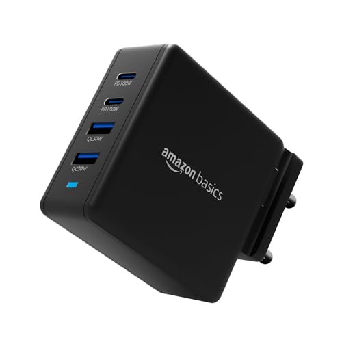 Basics 100W 4-Port GaN Charger | PD QC3.0 QC4.0 PPS Fast Charging Compact Adapter with Foldable Pins, for MacBook Pro Air 16'/14'/13', iPhone Series, Samsung S Series, iPad Pro/Air - Black