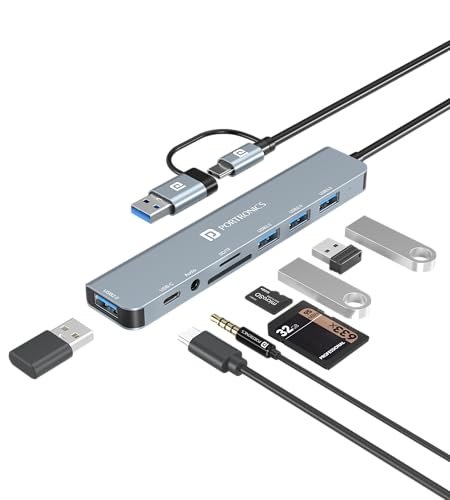 Portronics Mport 8 Plus Dual Plug 8-in-1 Docking Station/Hub with AUX, USB 3.0, microSD/SD Card Reader, Type-C Data, USB 2.0, Type-C and USB Plug for Laptop, Mac, PC (Grey)