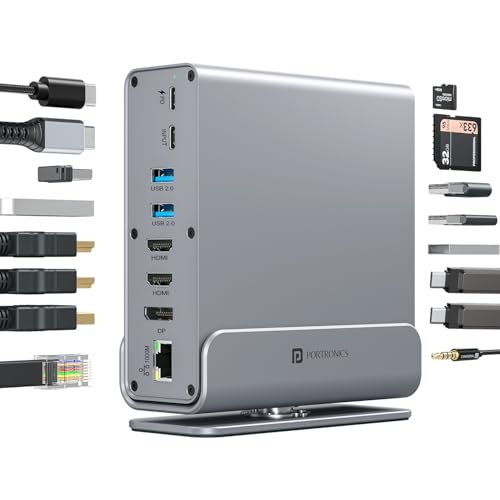 Portronics MPort Vault Pro 15-in-1 Type-C Metal Docking Station, Dual 4K@30Hz HDMI, 8K@30Hz DP, Triple Display Outpt, 100W PD, USB 3.2 & 3.0, 1000M Ethernet, SD/microSD 3.0 Slots