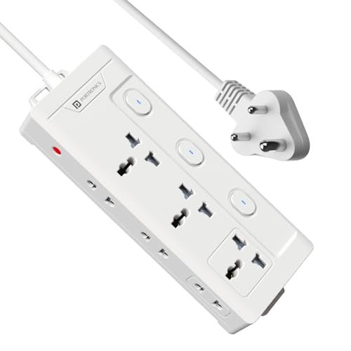 Portronics Power Plate 10 Pro, 6-in-1 Power Extender with 2500W Output, Universal Sockets x3, Side 2-Pin Sockets x3, Individual Switches with LED, 2M Long Cord, Overload Protection, Wall Mount Design