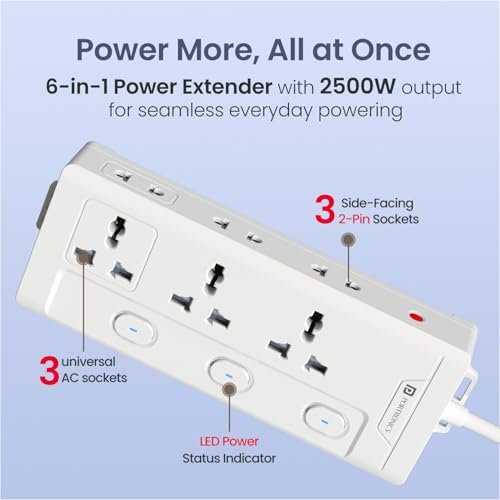 Portronics Power Plate 10 Pro, 6-in-1 Power Extender with 2500W Output, Universal Sockets x3, Side 2-Pin Sockets x3, Individual Switches with LED, 2M Long Cord, Overload Protection, Wall Mount Design - Image 2