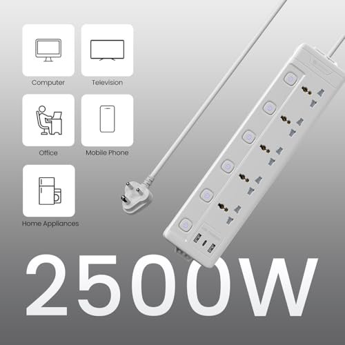 Portronics Power Plate 20 Extension Board with 5 Universal Power Sockets, 3 Meter Long Cord, 2500W Power Extender, 6 Individual Power Switches - Image 2