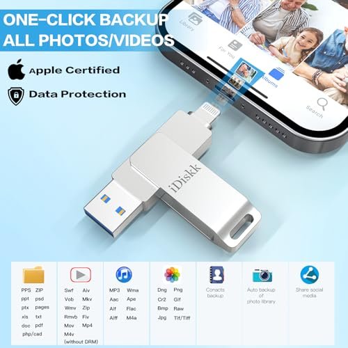 iDiskk MFi Certified 128GB USB iPhone Flash Drive&Photo Stick | Appl-e Approved lightning USB Memory Stick to Auto backup Videos/Photos/Files for iPhone/PC,App Encryption iPhone Storage - Image 3