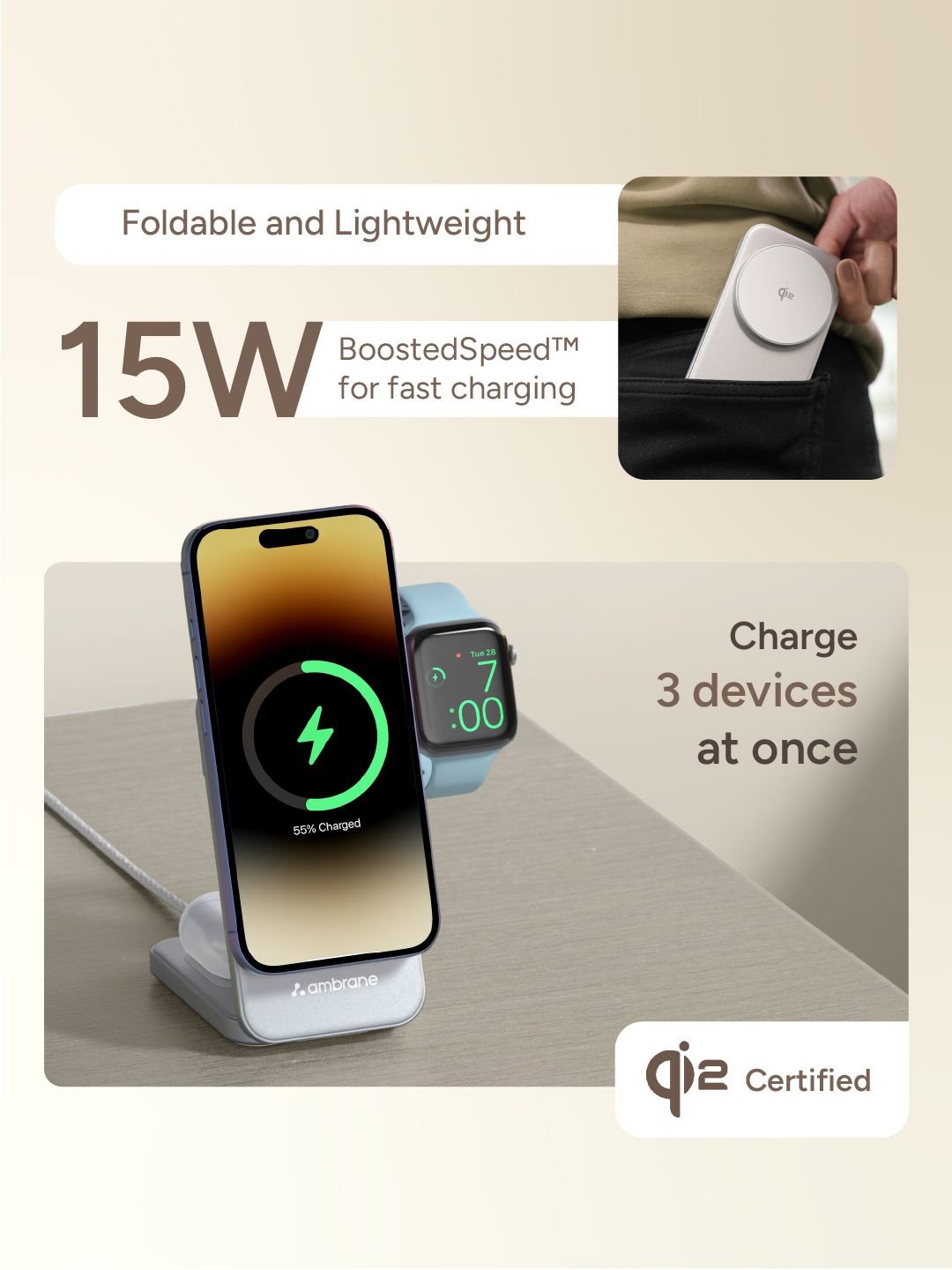 Ambrane AerosynQTrio 2 Qi2 Magsafe Wireless 3-in-1 22.5W Charger - Image 3