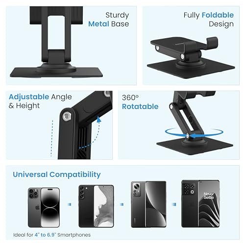 Ambrane 360° Rotation, Foldable Design Mobile Stand with Stable Metalic Round Base, Multiple Height & Angle adjustments Compatible with Smartphones, Tablets, Kindles & iPad (Twistand 360, Black) - Image 2