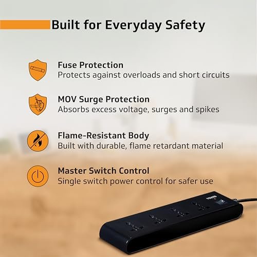 V-Guard Extension Board (MOV+Fuse) for Home & Office | 5m | 4 Sockets | Wall Mountable Power Strip, 1 Year Warranty, 6A 1500VA Load, Master Switch - Image 2