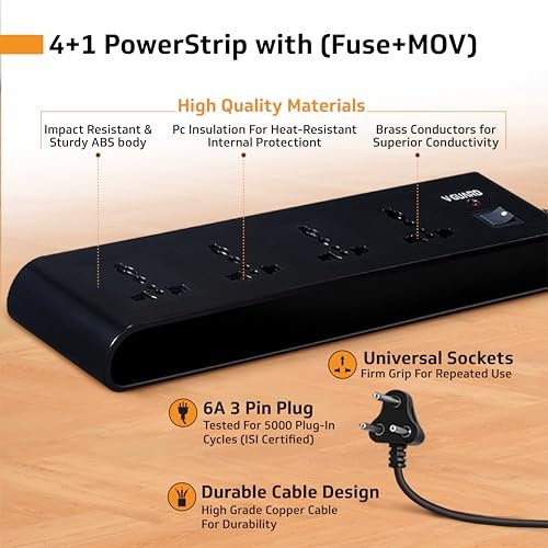 V-Guard Extension Board (MOV+Fuse) for Home & Office | 5m | 4 Sockets | Wall Mountable Power Strip, 1 Year Warranty, 6A 1500VA Load, Master Switch - Image 3
