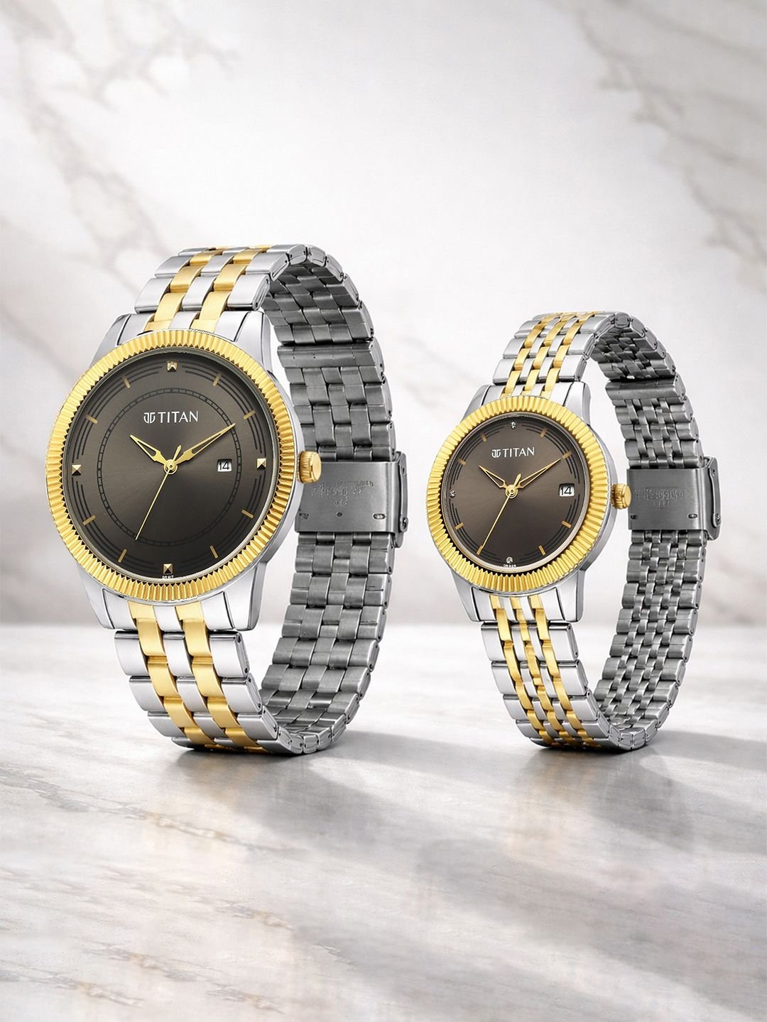 Titan Bandhan Eternal Pair Analog with Date Gun Dial Watch for Couples - 19682968BM01