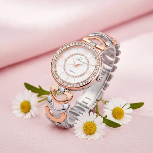 IIK COLLECTION Watches for Women Round Studded Dial |Analogue Quartz Movemnet Ladies Watch|Long Battery Life|Stainless Steel Adjustable Bracelet Chain Strap|Double Lock Clasp Safety Watches for Girls - Image 2
