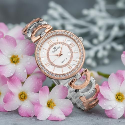 IIK COLLECTION Watches for Women Round Studded Dial |Analogue Quartz Movemnet Ladies Watch|Long Battery Life|Stainless Steel Adjustable Bracelet Chain Strap|Double Lock Clasp Safety Watches for Girls - Image 3
