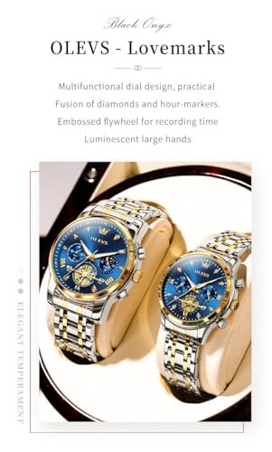OLEVS Analog Unisex Adult Couple Watch Set His & Her Matching Watches with Luxury Diamond Accents-Two-Tone Silver Strap,Blue Dial Valentine's Day Stainless Steel Original Quartz Watch Lovers Set - Image 2