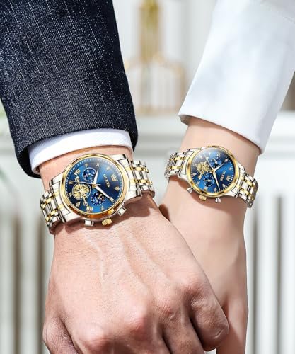 OLEVS Analog Unisex Adult Couple Watch Set His & Her Matching Watches with Luxury Diamond Accents-Two-Tone Silver Strap,Blue Dial Valentine's Day Stainless Steel Original Quartz Watch Lovers Set - Image 3