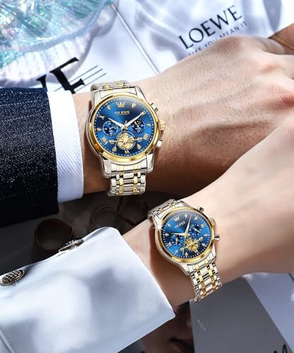 OLEVS Analog Unisex Adult Couple Watch Set His & Her Matching Watches with Luxury Diamond Accents-Two-Tone Silver Strap,Blue Dial Valentine's Day Stainless Steel Original Quartz Watch Lovers Set - Image 4