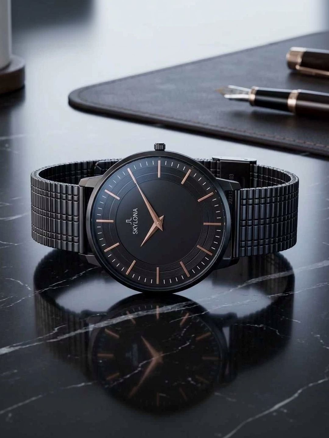 Men Brass Dial & Stainless Steel Bracelet Style Straps Analogue Watch Meredian Full Black