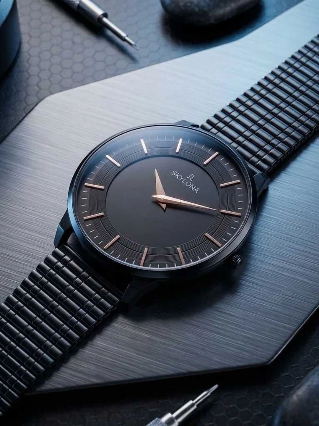 Men Brass Dial & Stainless Steel Bracelet Style Straps Analogue Watch Meredian Full Black - Image 2