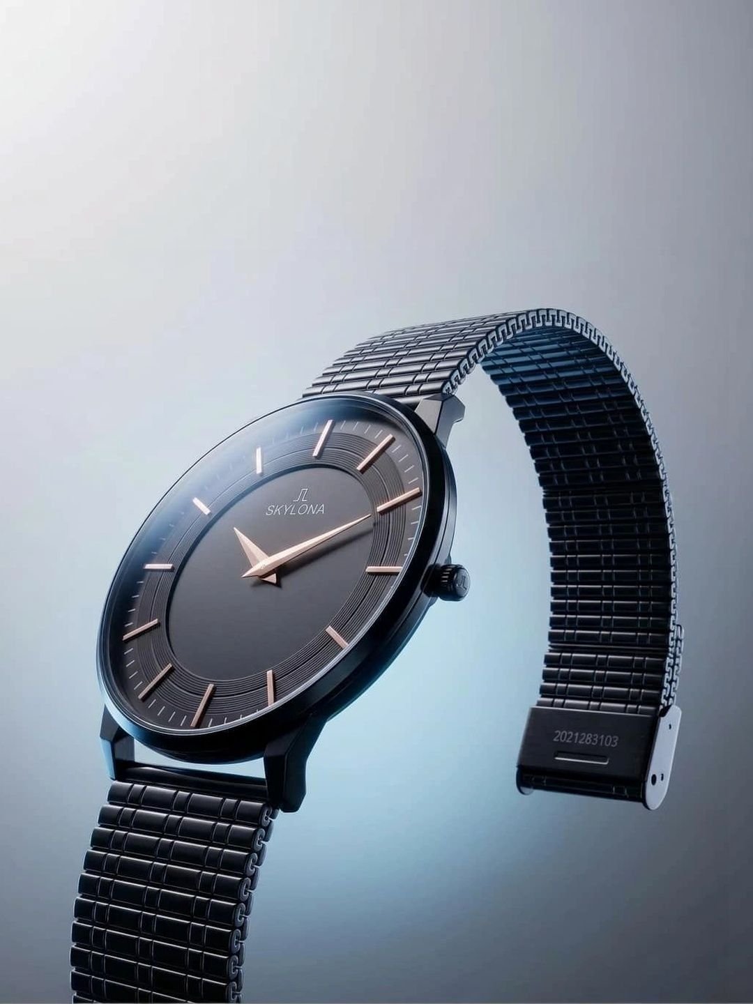 Men Brass Dial & Stainless Steel Bracelet Style Straps Analogue Watch Meredian Full Black - Image 3