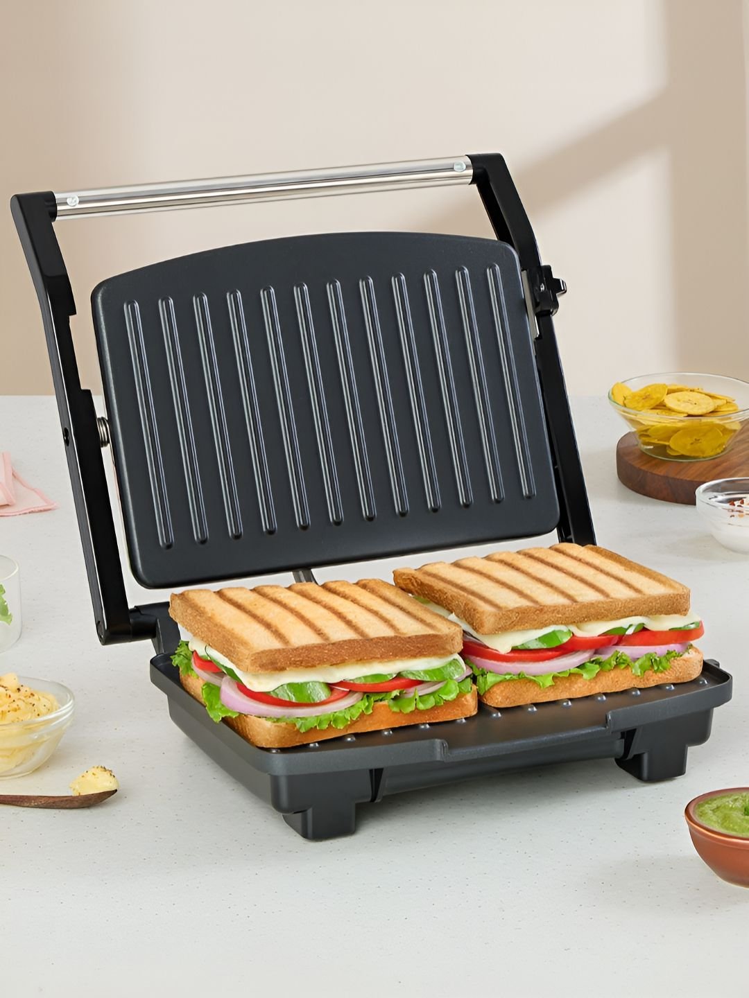 BOROSIL Elite Prime Grill Black & White Stainless Steel 1000 W Automatic Sandwich Maker