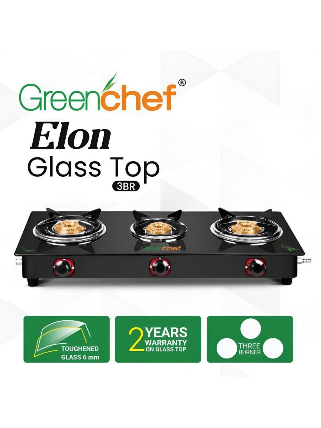 Greenchef Black Glass Top 3 Burner Gas Stove - Image 4