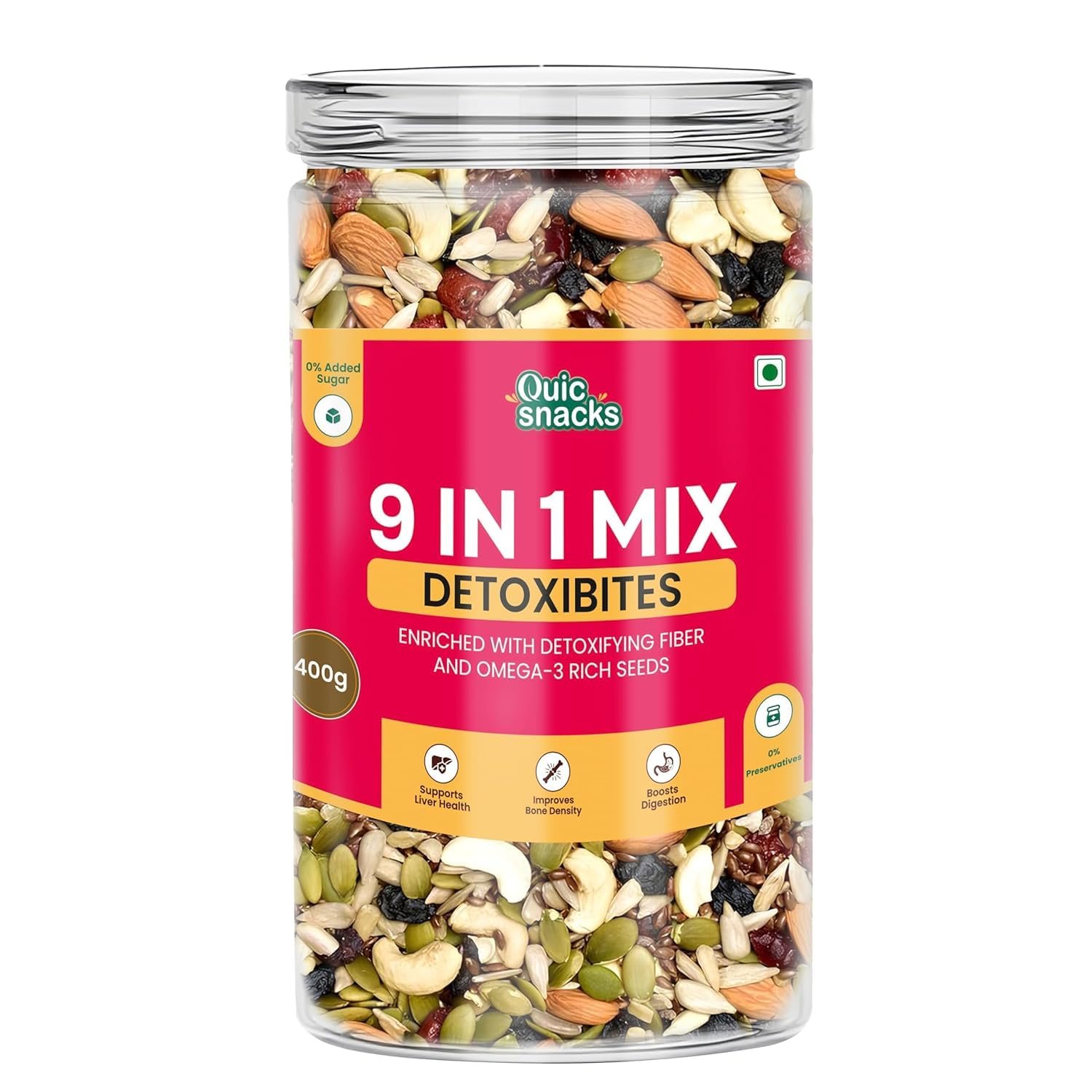 QuicSnacks 9-in-1 Mix Detoxibites Seeds 400g – Omega-3 Rich, Crunchy Vegetarian Trail Mix | Heart Health, Circulation & Energy Boost | Nuts, Seeds & Dry Fruits Snack
