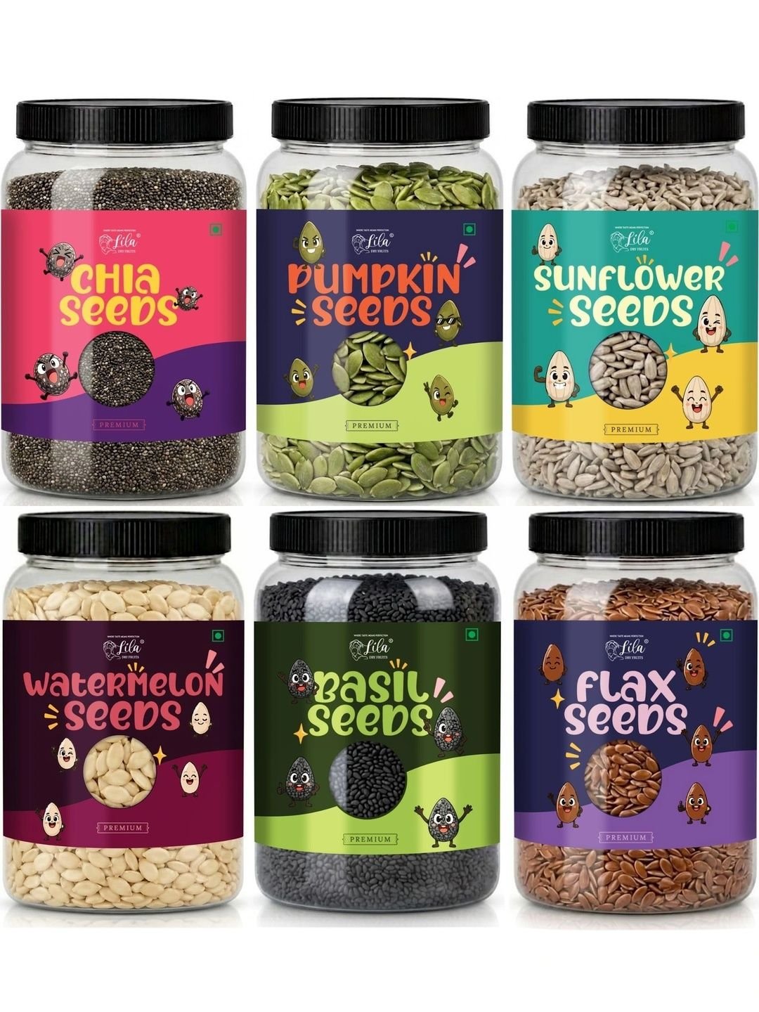 LILA DRY FRUITS Set Of 6 Chia Flax Basil Pumpkin Sunflower Watermelon Seed - 250 g Each